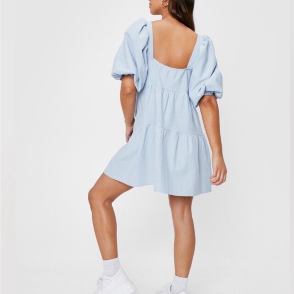 Nasty Gal Linen Look Puff Sleeve Smock Tiered Mini Dress Size Large NEW - Picture 3 of 6